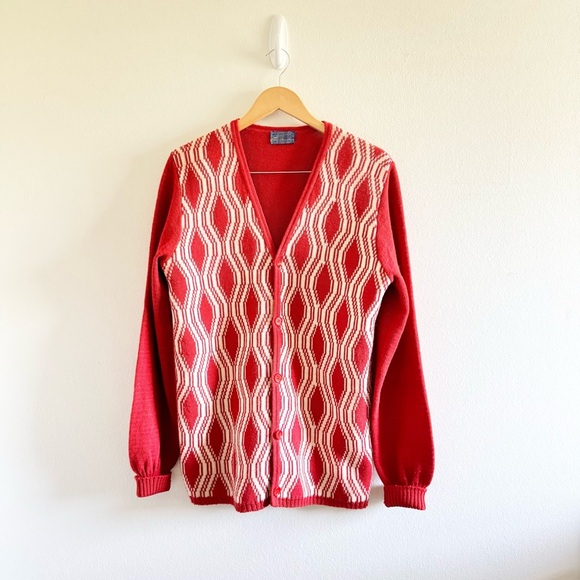 Vintage Pendleton Orange Red Patterned Virgin Wool Cardigan size Large - Picture 1 of 9